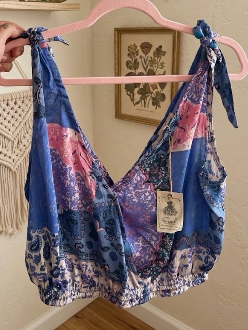 easel Blue and Pink Paisley Tie-Shoulder Cropped Bohemian Style Blouse